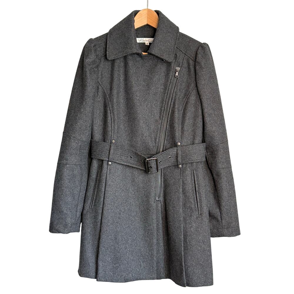 Kenneth Cole New York Women's 8 Gray Wool Blend Belted Coat Zip Cuffs